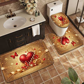 跨境情人节爱心浴室防滑垫卫生间三件套吸水地垫厕所进门垫套代发