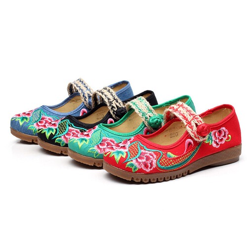 Flat shoes, tendon soles, embroidered cloth shoes, spring and autumn large-toe shoes, mother's shoes, one-strap women's shoes