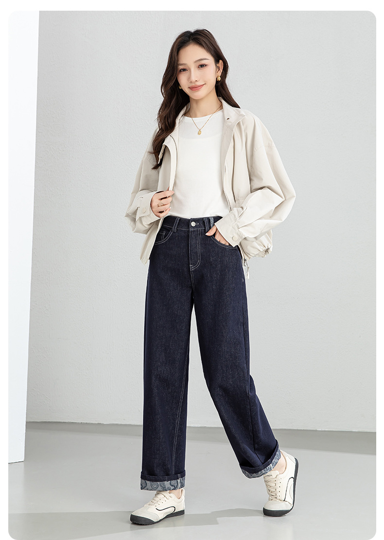 Quần jean nữ ống rộng dáng suông, cạp cao, chất denim chống phai màu, mỏng nhẹ mùa xuân — Xanh da trờicolor chi tiết 18
