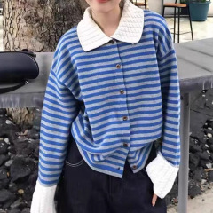 韩系条纹polo领长袖毛衣针织衫女秋冬新款宽松慵懒风开衫外套上衣