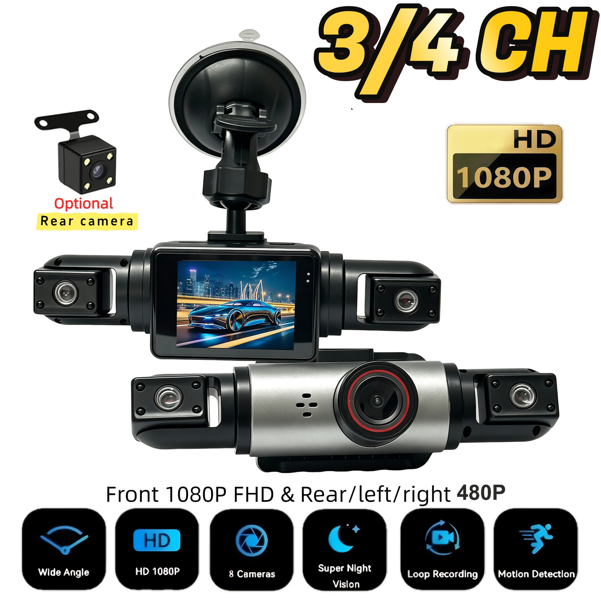 Panoramic four-camera dashcam with high-definition night vision for front, rear, left, and right, and reverse camera, factory direct supply at a favorable price