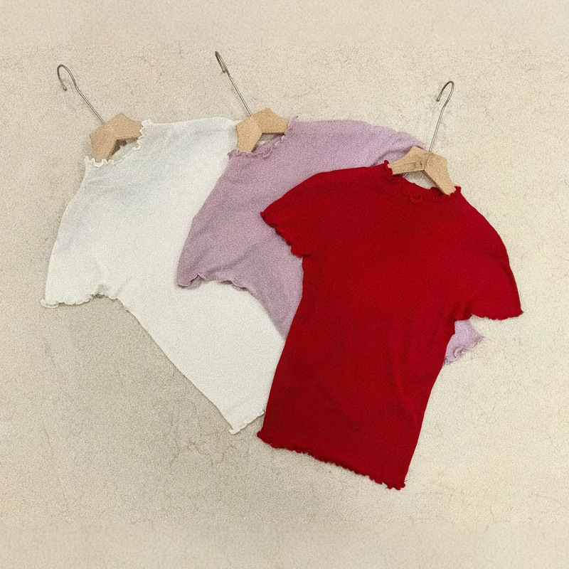 2026 Summer New Style Ruffled Edge Slim Fit Solid Color Short-Sleeve T-Shirt Versatile Basic Knit Top