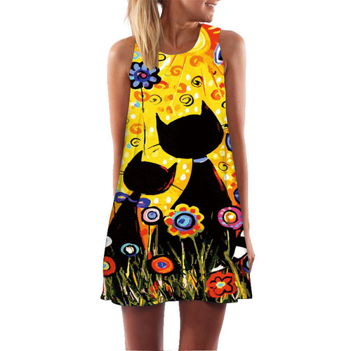 Summer and Autumn European and American Women's 3D Printed Sleeveless Dress Plus Size Sexy A-Line Skirt