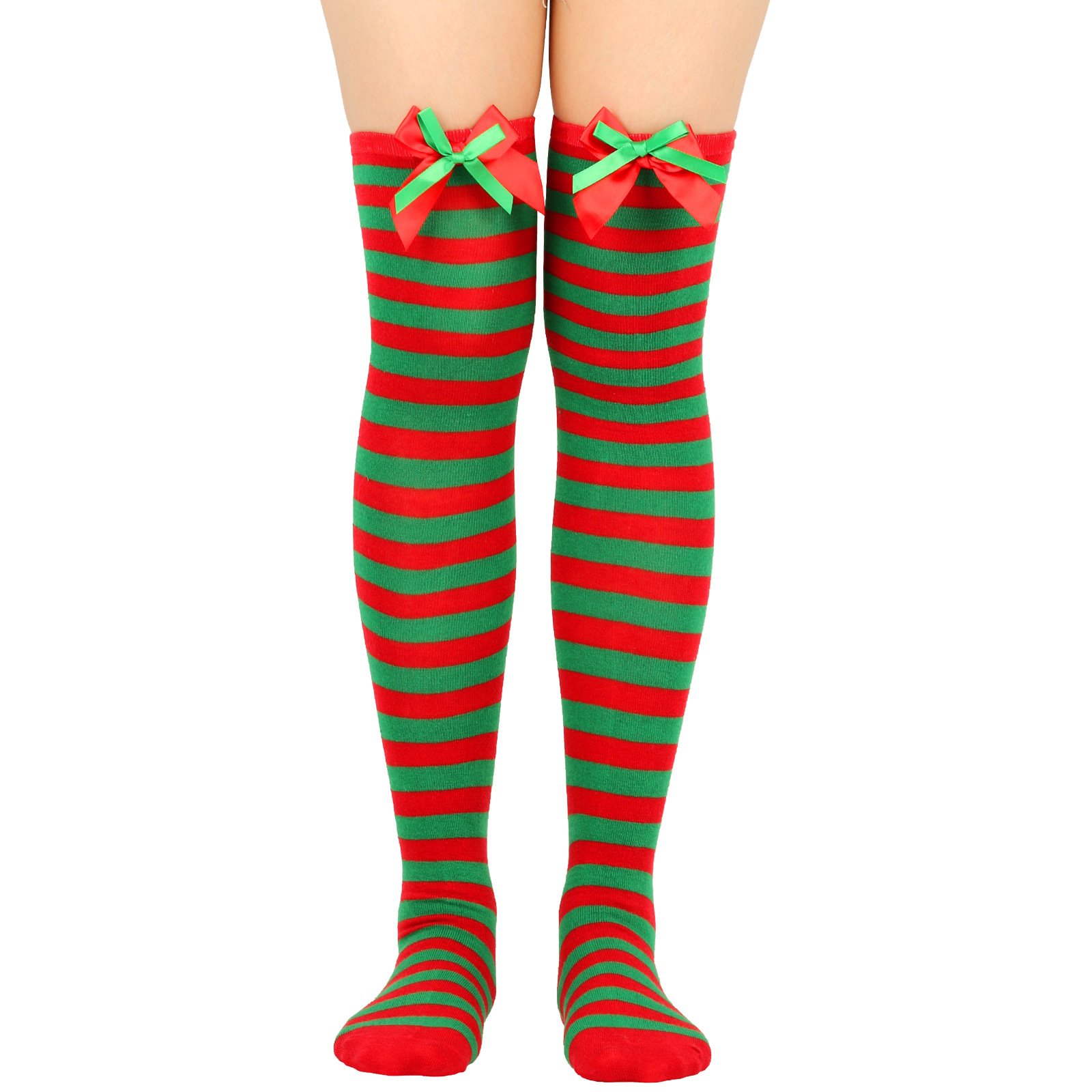Calzini natalizi unisex con fiocco, calzini a palla, sopra il ginocchio, calzini lunghi da donna, calzini natalizi a righe_voghion.com