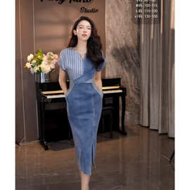 欧洲站洋气收腰气质显瘦女装连衣裙女2026夏季新款条纹短袖牛仔裙