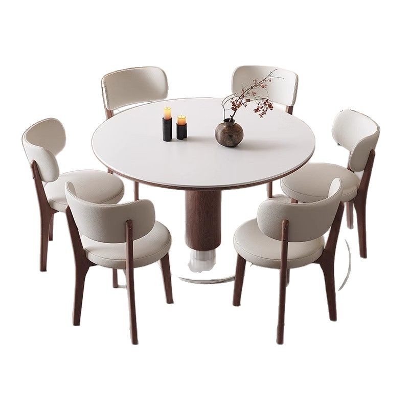 Mesa de comedor de tablero de roca de madera maciza retro estilo antiguo, pequeño apartamento francés, mesa de negociación redonda de color nogal de acero inoxidable para el hogar
