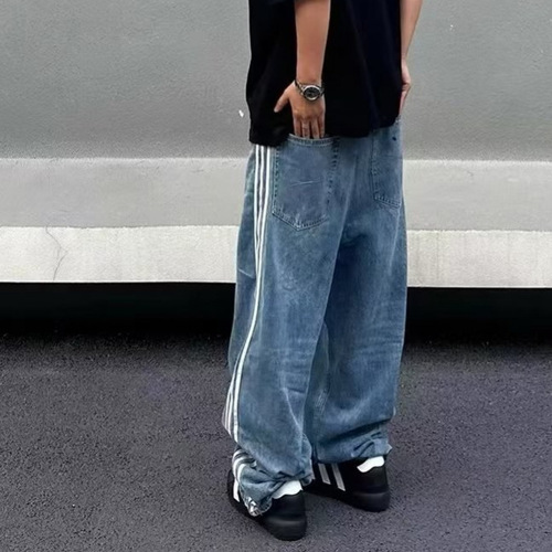 Relaxed jeans, Harajuku retro striped high-quality sports pants for men and women, casual wide-leg jeans, streetwear clothing