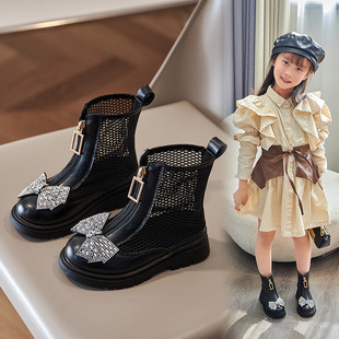 Children's Leather Boots 2023 Summer Korean Style Girl's Bright Diamond Bow Mesh Hollow Martin Boots Fashion Princess Single Boots