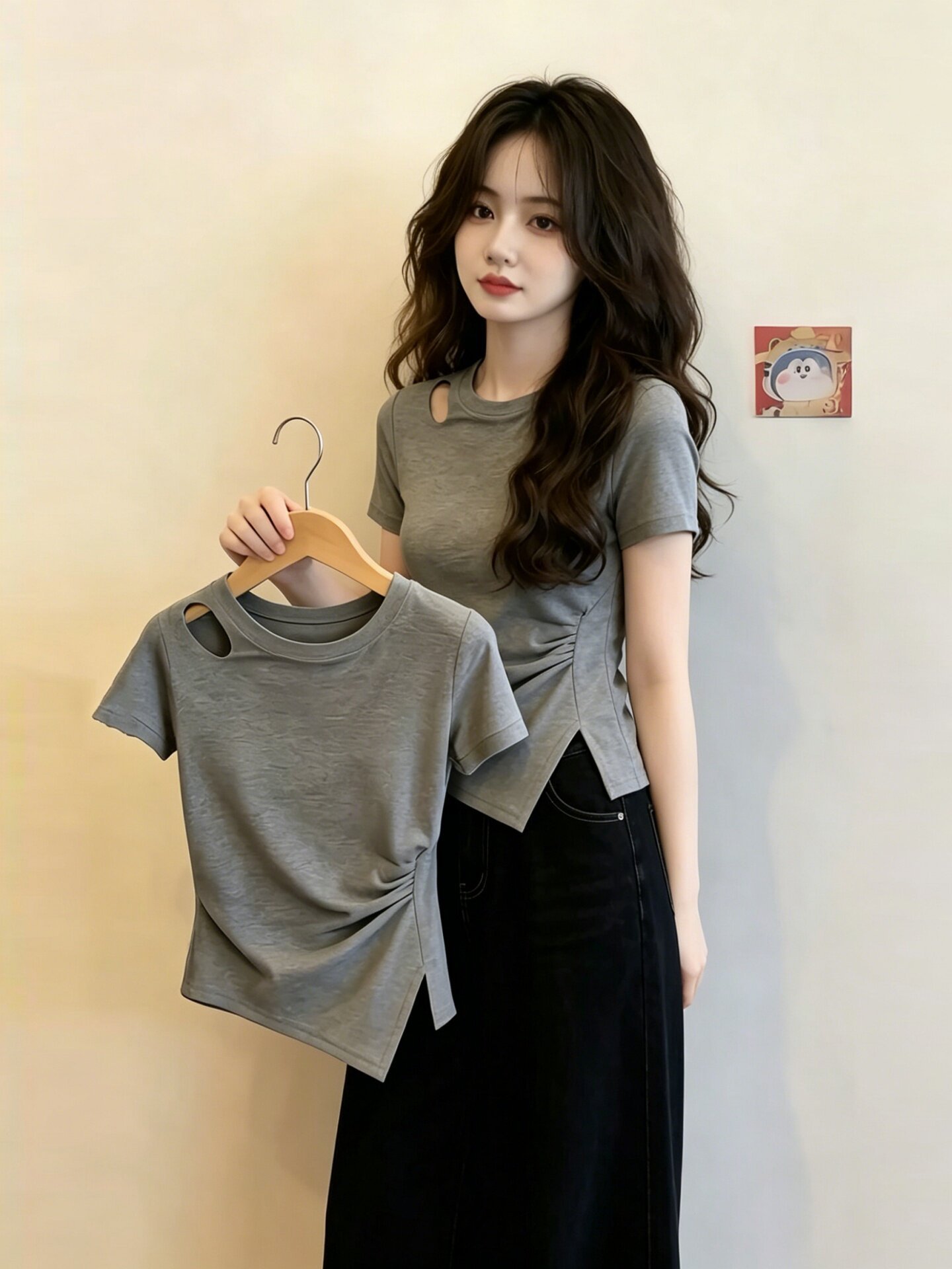 Áo thun nữ cotton ngắn tay vai suông thiết kế xếp ly eo tạo dáng thon gọn — màu đen chi tiết 7