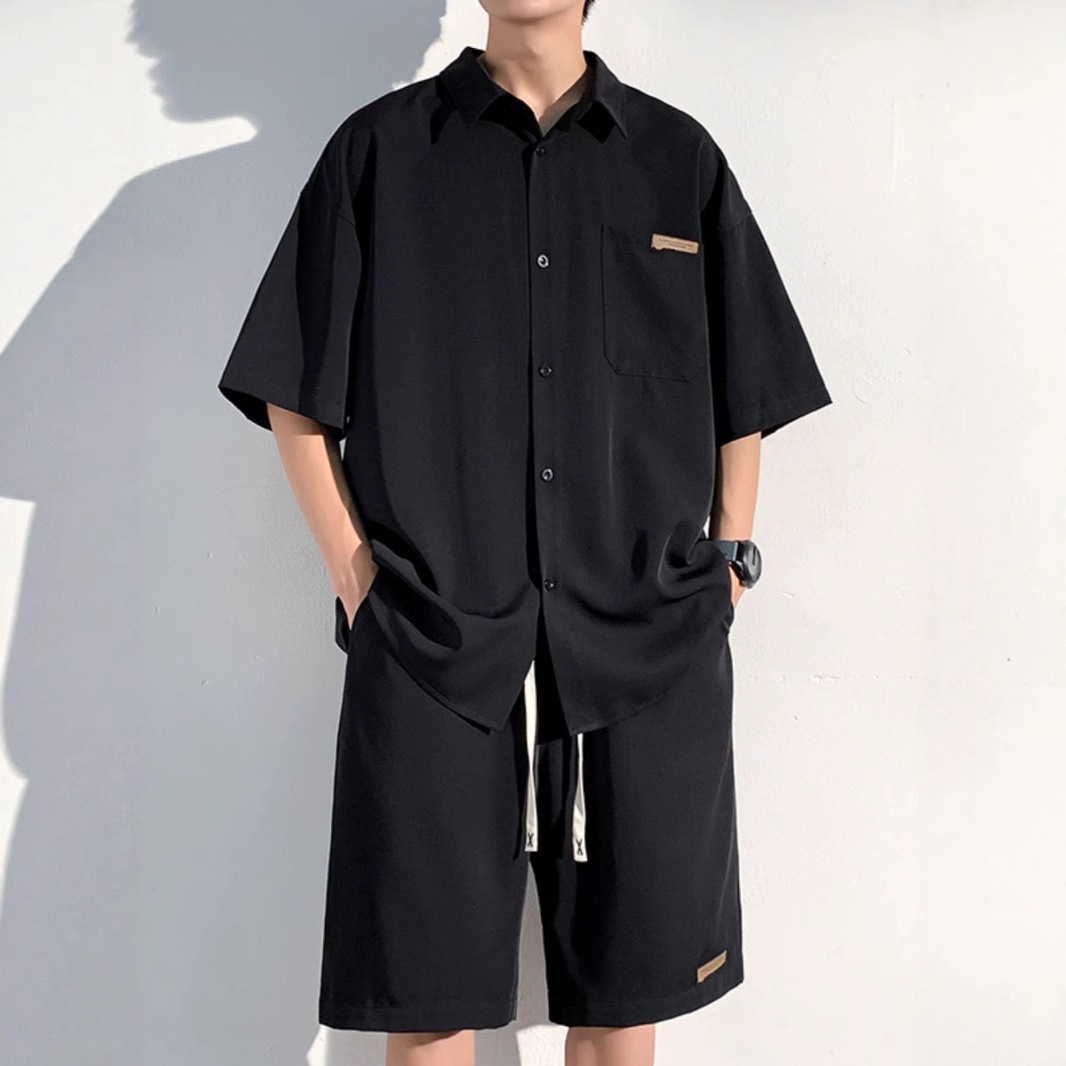 Men's Summer Sports and Leisure Shirt Ice Silk Breathable Suit Loose and Versatile Short-Sleeved Shorts Sports Two-Piece Set
