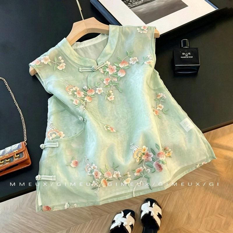 Summer stand-up collar sleeveless youthful and elegant vest, high-end Chinese style green sweet vest for women