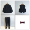 Black suit, vest, trousers, bow tie, maple leaf lapel pin