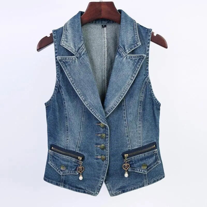Foreign trade Denim vest women's short spring and summer new versatile slim slimming fashion jacket vest solid color top fashion