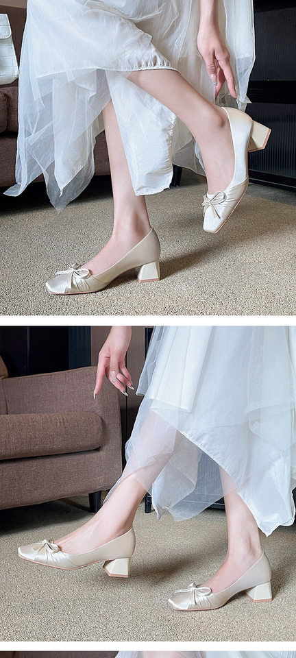 Giày cao gót nữ mũi vuông gót vừa 3–6 cm chất liệu lụa thắt nơ, giày cưới sang trọng — màu đỏ, quả mơ chi tiết 12