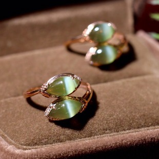 Fubei Diamond Jewelry 18K Gold with Diamond Inlaid Hetian Jasper Cat's Eye Horse Eye Ring Loose Stone 5*8mm Ring Size 15