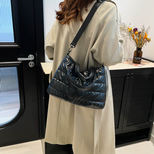 2024 winter casual lazy, foreign style, portable wide shoulder strap, cross-body bag, women's space cotton embroidery thread, large capacity, solid color