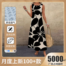 欧美成人大码女装 春夏款叶子印花无袖长款套头衫宽松休闲连衣裙