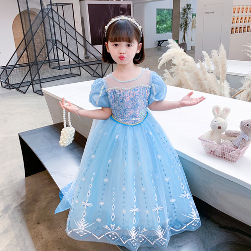 Summer Elsa 2 Princess Dress Frozen Elsa Girls Short Sleeve Dress Elsa Children's Day New Dress