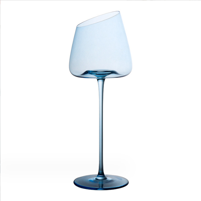 Copa de vino rojo oblicuo francés de alto aspecto Klein azul cristal copa de vino rojo par de pareja
