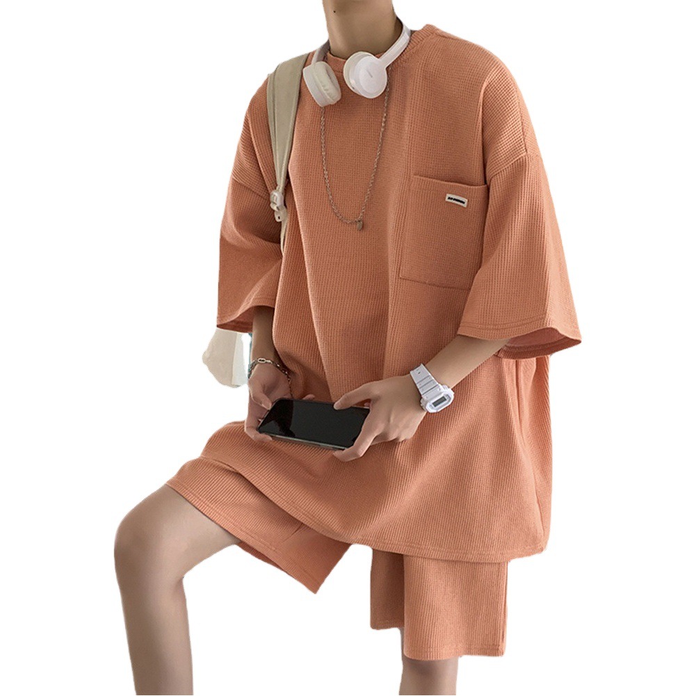 Traje deportivo camiseta de los hombres de moda guapo waffle nueva manga corta de verano ins Moda Marca Hong Kong estilo pantalones cortos de dos piezas conjunto