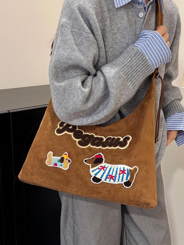 American Retro Preppy Style Suede Dachshund Puppy Patch Shoulder Bag Sweet Cool Sexy Style Lazy Style Crossbody Bag for Women