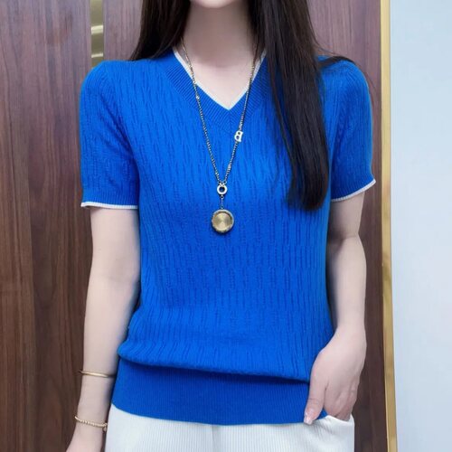 Women's Summer 2025 Loose and Slimming Breathable V-Neck Knit Short-Sleeve T-Shirt, Stylish Mother's Day Top