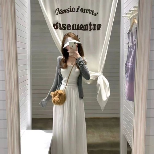 Ladies' Early Summer Lazy Style White Camisole Dress Set, Korean Style Casual Three-Piece Set