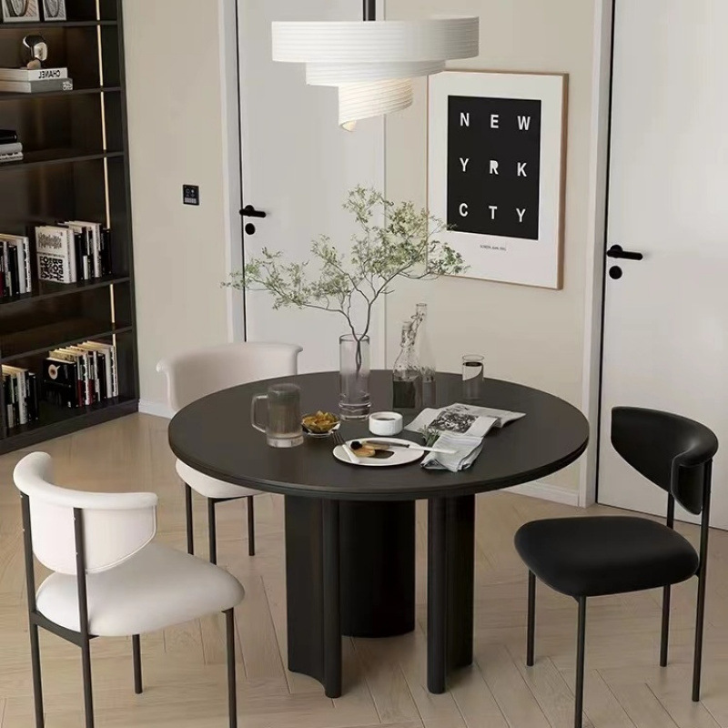 Cream Style Dining Table Small Apartment Combination Home Modern Simple Slate Round Dining Table and Chairs Dining Table