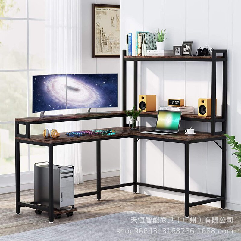 L Shaped Desk with Hutch and Monitor Stand Corner Computer Desk Home Office Desk with Storage Shelves