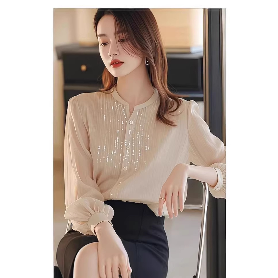 Áo sơ mi nữ dài tay chất liệu lụa trắng phối sequin kiểu Pháp — màu mơ chi tiết 4
