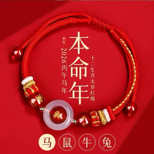 2027 Year of the Sheep Tai Sui Bracelet for Those Born in the Year of the Horse, Red String Woven Bracelet for the Year of Birth, Zodiac Signs Rat, Ox, Rabbit, Unisex Style