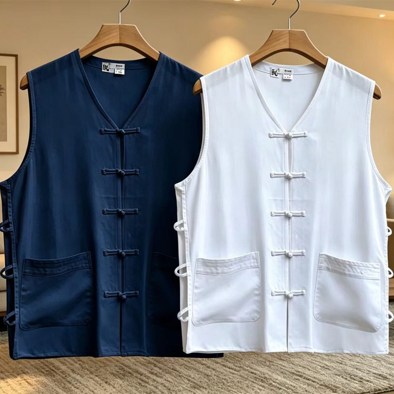 Summer cotton vest, Chinese style loose-fitting Tang suit, men's mandarin jacket with frog buttons, breathable and cool.