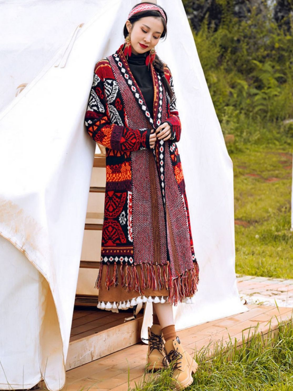 Demi-season ethnic knitted retro jacket