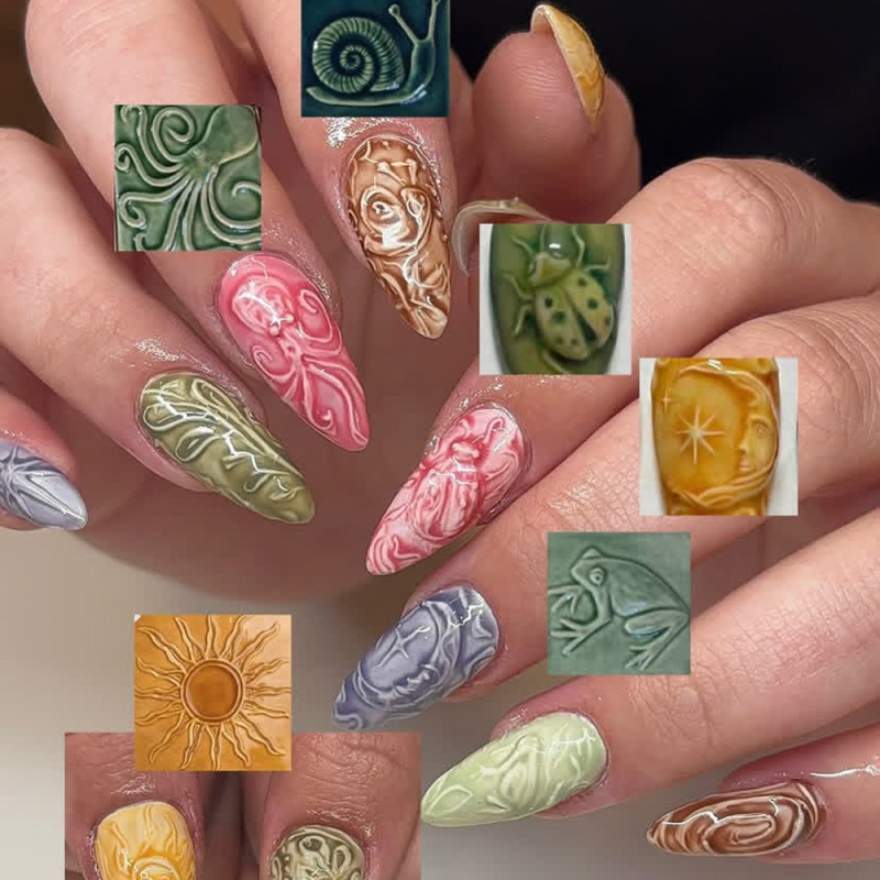 Retro Long Almond-Shaped Wearable Nails with 3D Animal Graffiti, Niche Artistic Style Nail Stickers