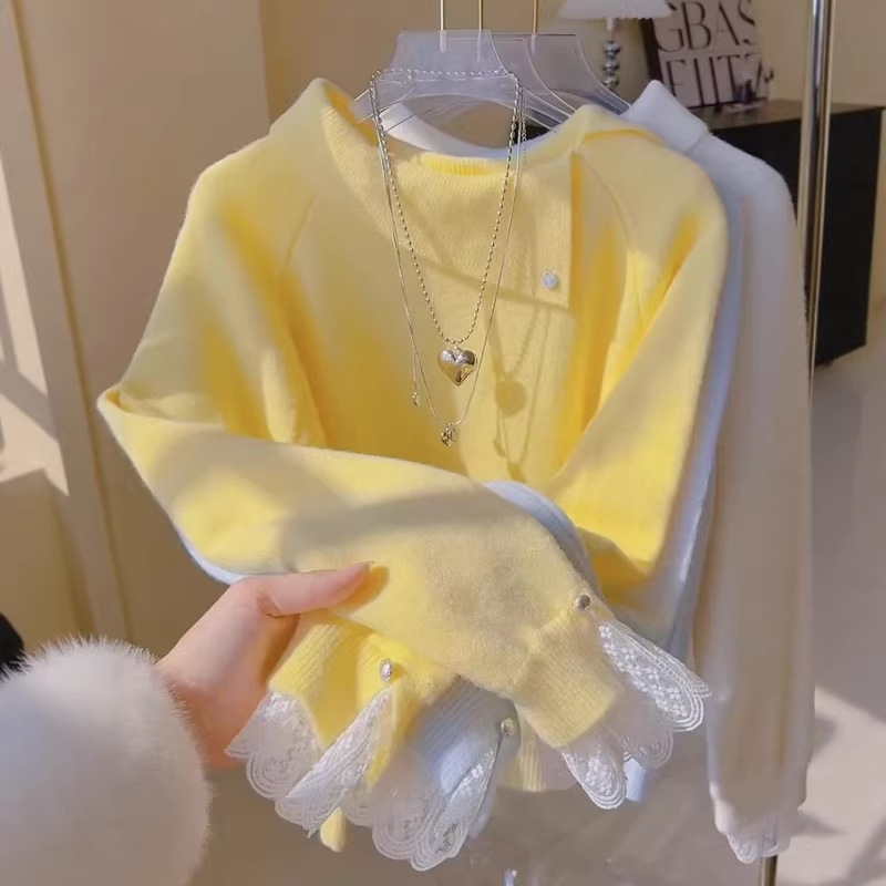 Gentle and Soft Yellow Knitted Sweater for Women, Autumn and Winter Niche Design Lace Patchwork Top, Base Layer Shirt