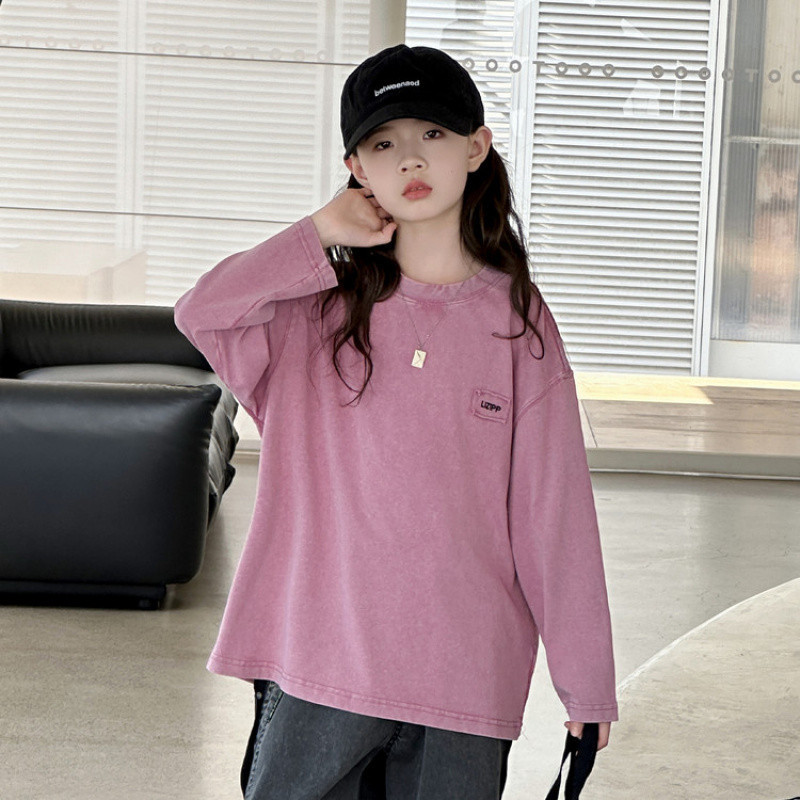 Zhili children's clothing 2025 girls' retro color-blocked round neck T-shirt, early autumn new style, fashionable letter print for older girls.