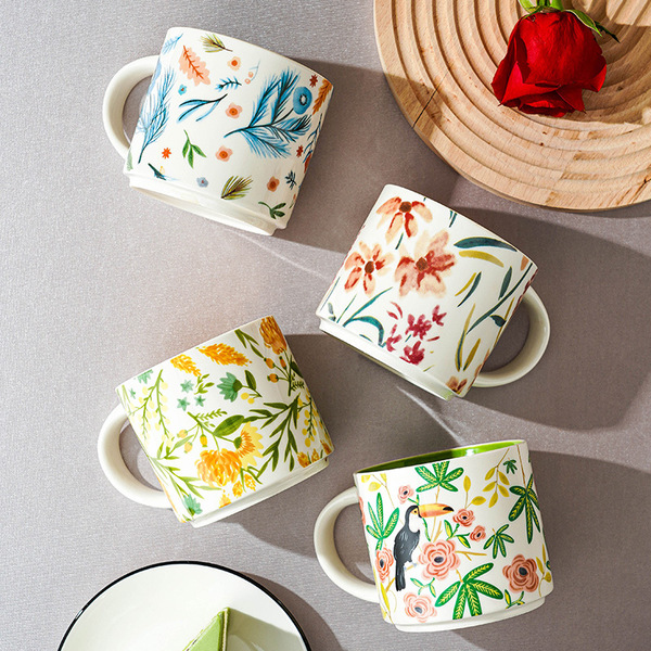 Floral glaze ceramic cup household large capacity breakfast cup…