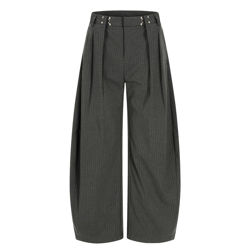 Y6059 High Street American Style Unisex Retro Old Money Style Pleated Metal Buckle Design Men's Loose Fit Scissor-Cut Trousers