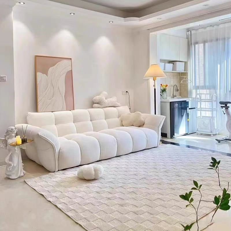 French-Style Cream Lily Petal Fabric Sofa for Small Living Rooms, Simple Modern Straight-Row Sofa, Designer Model