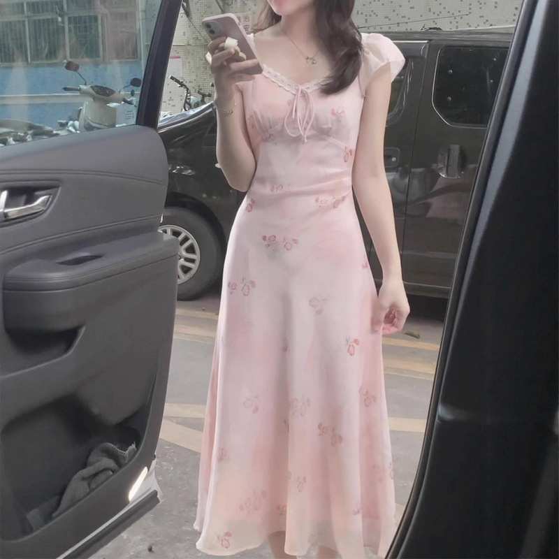 French Pink Floral Dress for Women Summer 2025 New Elegant Small Flying Sleeves Square Neck Waist Fairy Long Dress