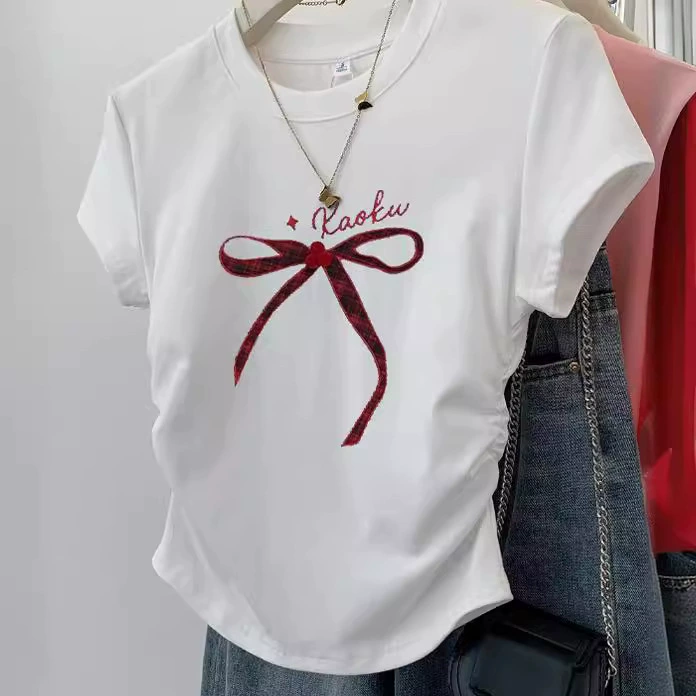 Серый лук с короткими рукавами футболка женская летняя 2024 новый дизайн маленький человек стройный топ на плече