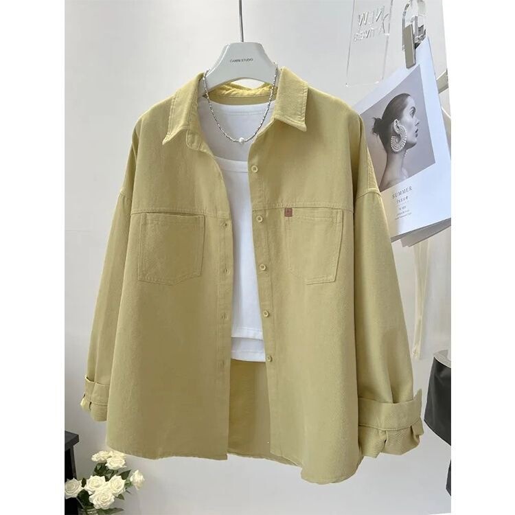 Simone Lainer Women's Shirt Jacket, New Korean Style, Pocket Design, Loose Fit, Slimming, Petite, Long-Sleeve Cardigan for Spring and Autumn