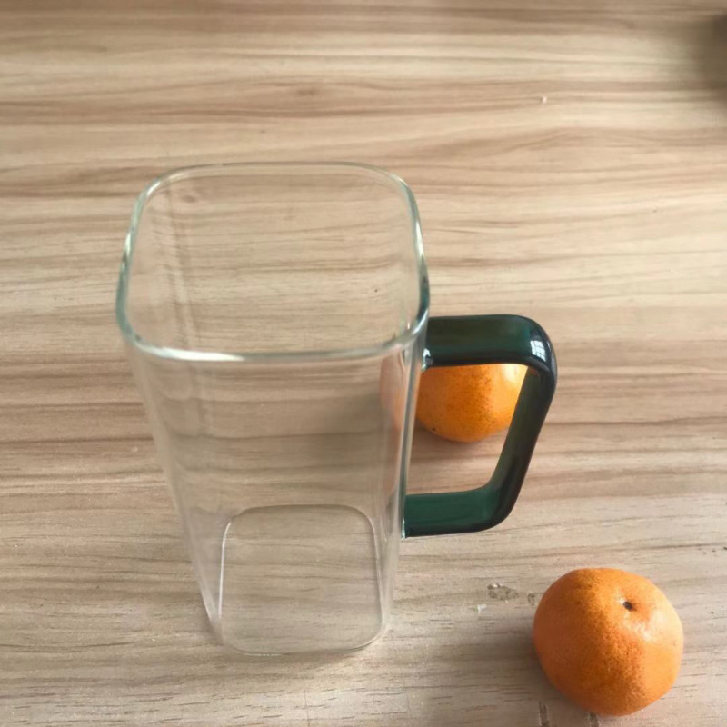Taza de vidrio de mango cuadrado de seis colores bebida de jugo de leche transparente taza de té verde sin tapa taza de té de una sola capa