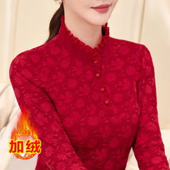 半高領蕾絲加絨打底衫女裝秋冬修身大碼加厚小衫洋氣內搭保暖上衣