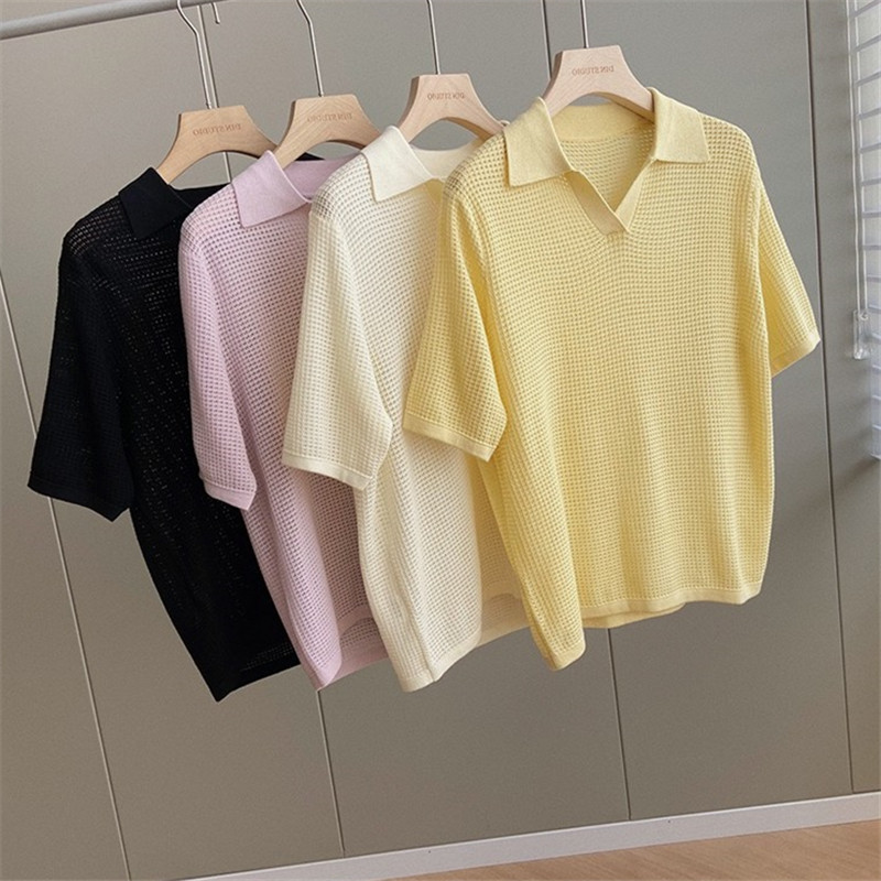 Solid color polo collar short-sleeved th...