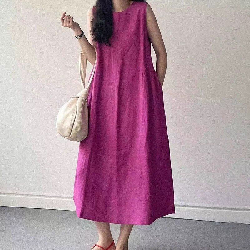 South Korea chic minimalist summer slouchy round neck loose knee-length sleeveless vest dress