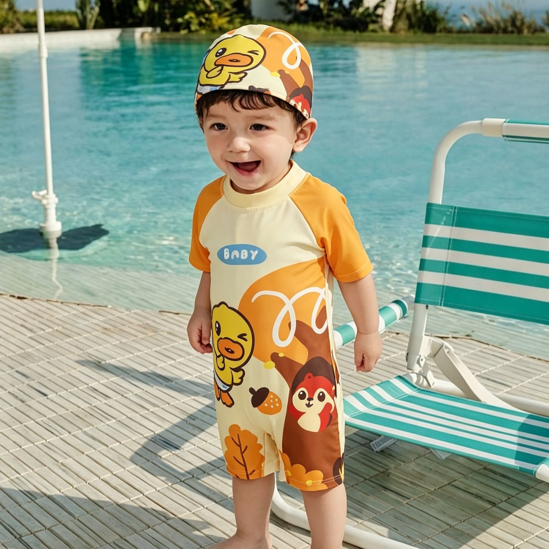 New cartoon children's one-piece swimsuit for boys and girls, toddler swimwear, baby quick-dry conservative hot spring bathing suit