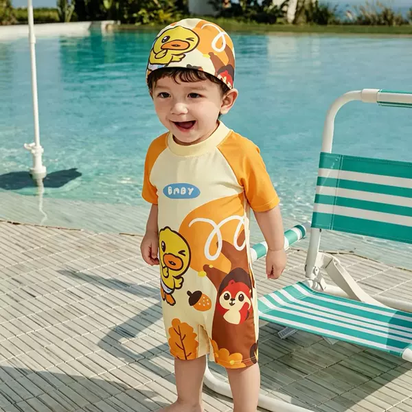 New cartoon children's one-piece swimsuit for boys and girls, toddler swimwear, baby quick-dry conservative hot spring bathing suit