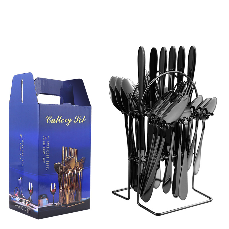 Amazon Tik Tok vajilla de acero inoxidable 24 unidades traje 1012 cuatro piezas principales occidental cuchillo, tenedor y cuchara rack caja regalo