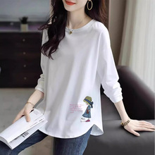 纯棉中长款遮屁股打底衫女春秋款宽松上衣不规则设计长袖T恤秋季